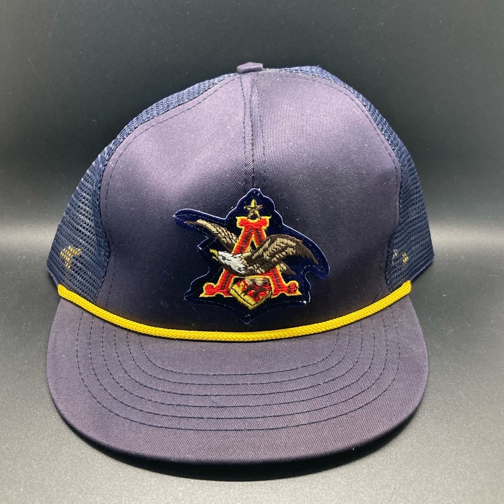 Vintage 90s Patch Logo Anheuser-Busch Budweiser Snap Back Hat Blue W/ Rope